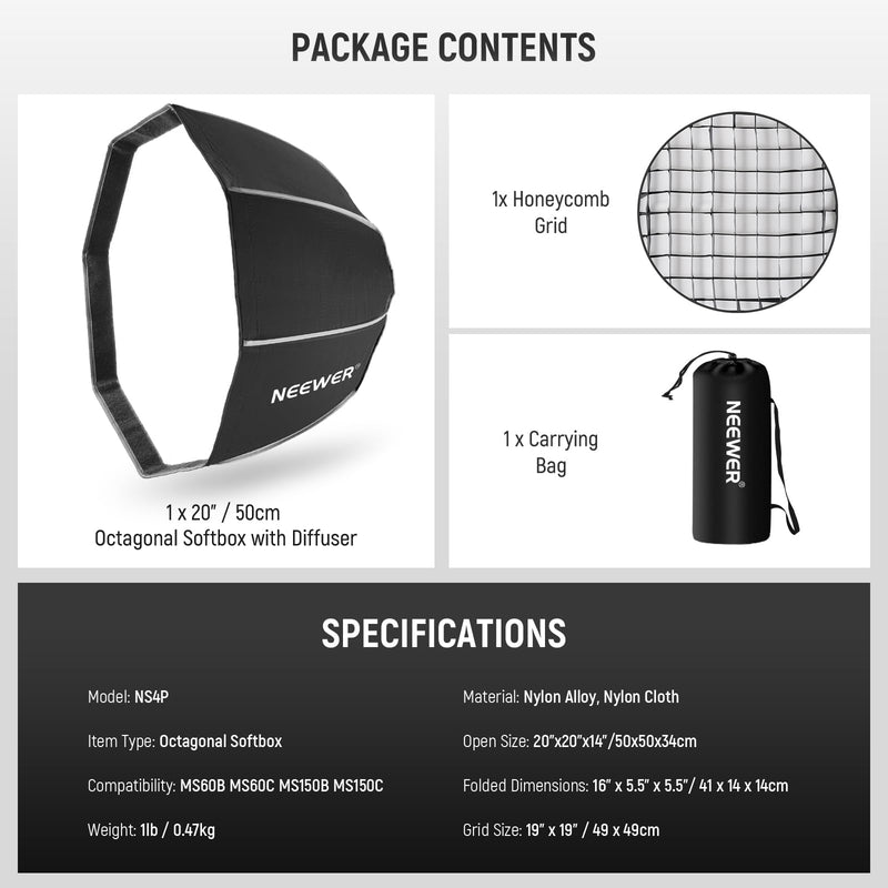NEEWER Octagonal Softbox 50 cm mit NEEWER Mount(Not Bowens Mount),Octabox Softbox Folding & Quick Installation mit Honeycomb Light Diffuser für MS60 MS60B MS60C MS150B LED Video Studio Light, NS4P 50cm