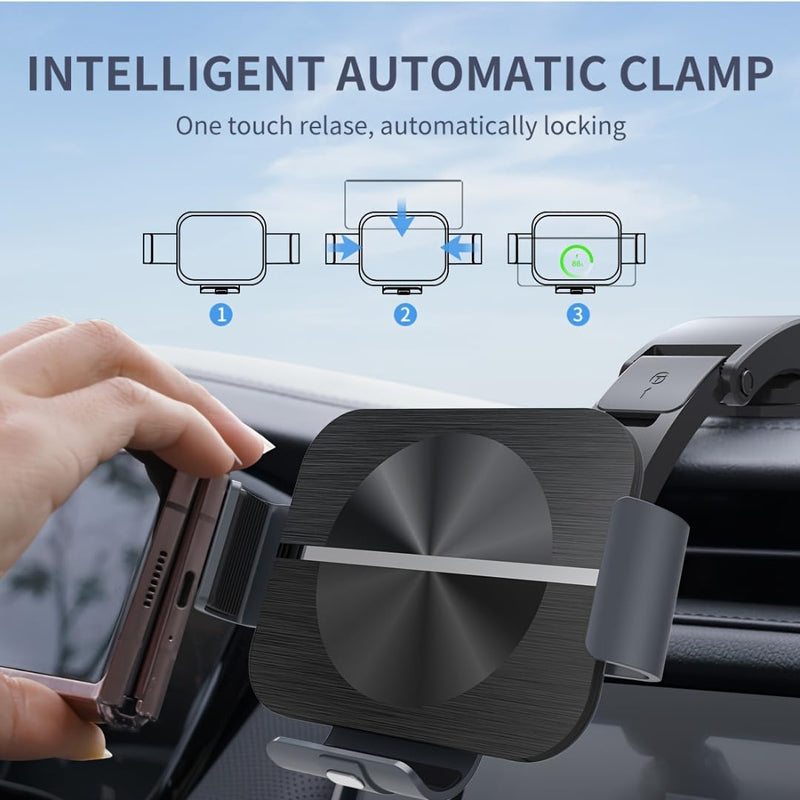 Wireless Car Charger Mount – Fast Qi 15W Charging – Dashboard & Air Vent Phone Holder – Adjustable Angle – Compatible with iPhone & Android Devices