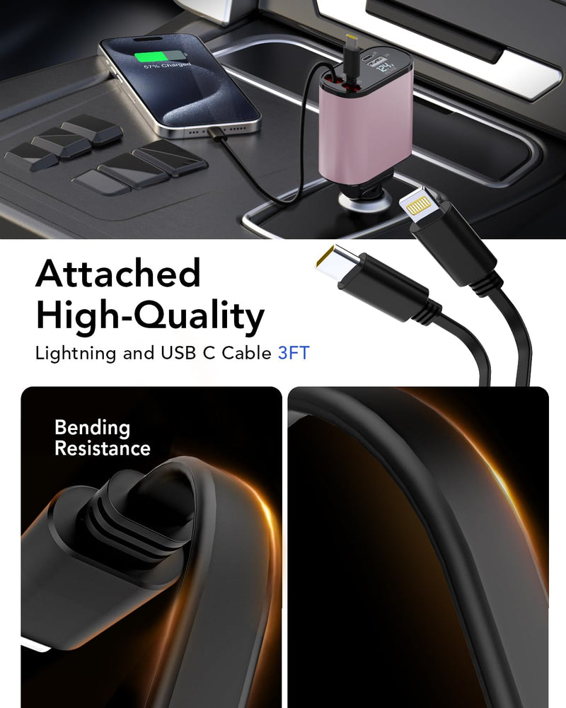 Retractable Car Charger, 4 in 1 Fast Car Phone Charger 66W, 2 Retractable Cables and USB Car Charger, USB C Car Charger for iPhone 15/14/13/12/11, Galaxy, Pixel Type C+Lightning (Pink)