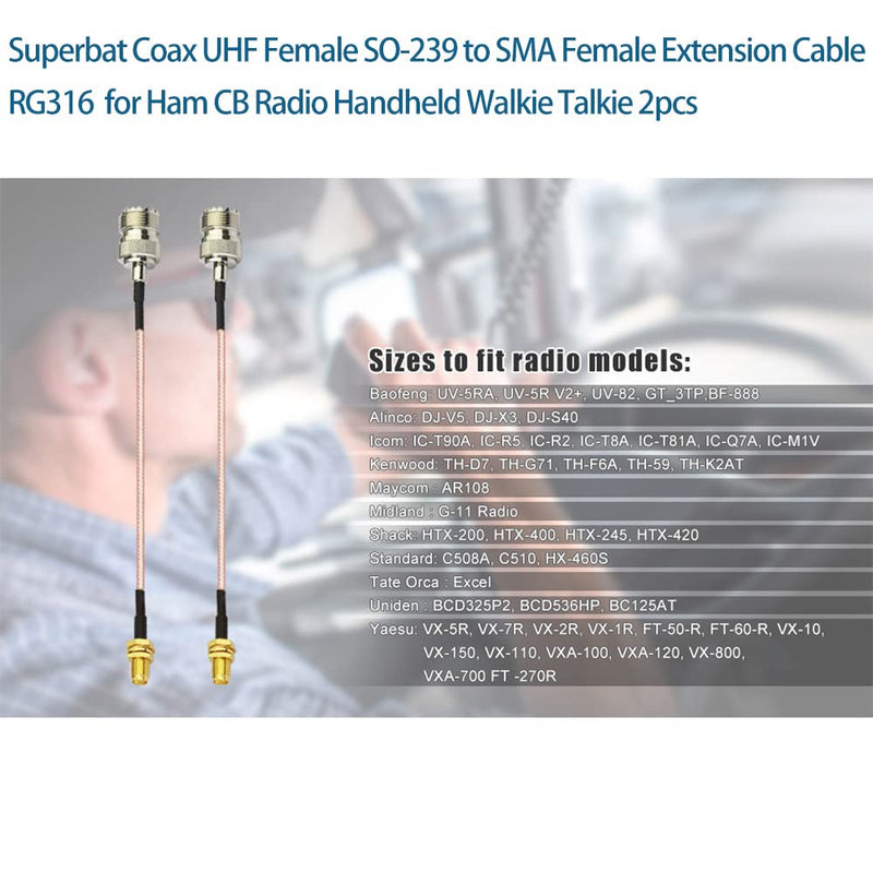 Superbat Coax UHF Female SO-239 to SMA Female Adapter Extension Cable RG316 12" for Baofeng CB Radio Handheld Walkie Talkie 2pcs 30cm/12" sma female to so239