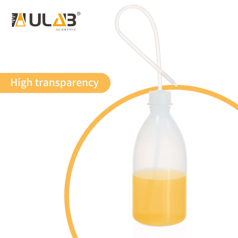 ULAB 6pcs of Vol.500ml (16oz) Wash Bottle, Narrow Mouth Squeeze Bottles, LDPE material, with Long Dispensing Tube, UWB1026 6pcs of 500ml with long tube