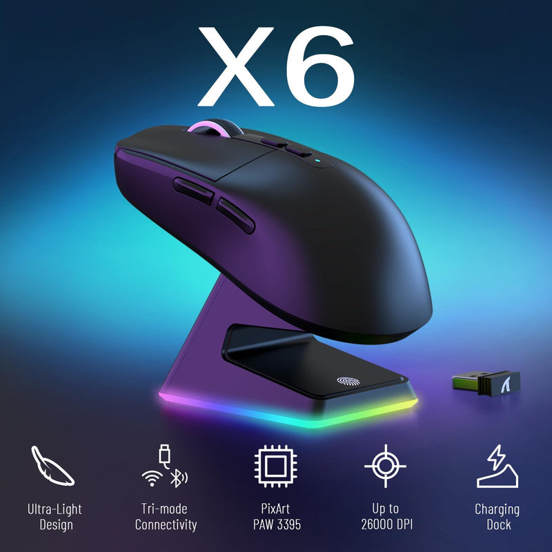 x Attack Shark X6 Wireless Gaming Mouse with RGB Charging Dock, 49g Ultralight, PixArt PAW3395 26000 DPI, 2.4G/Wired/Bluetooth, G502 200Hrs Battery Programmable Mice for Win/Mac - Black Mouse&Tape&Base