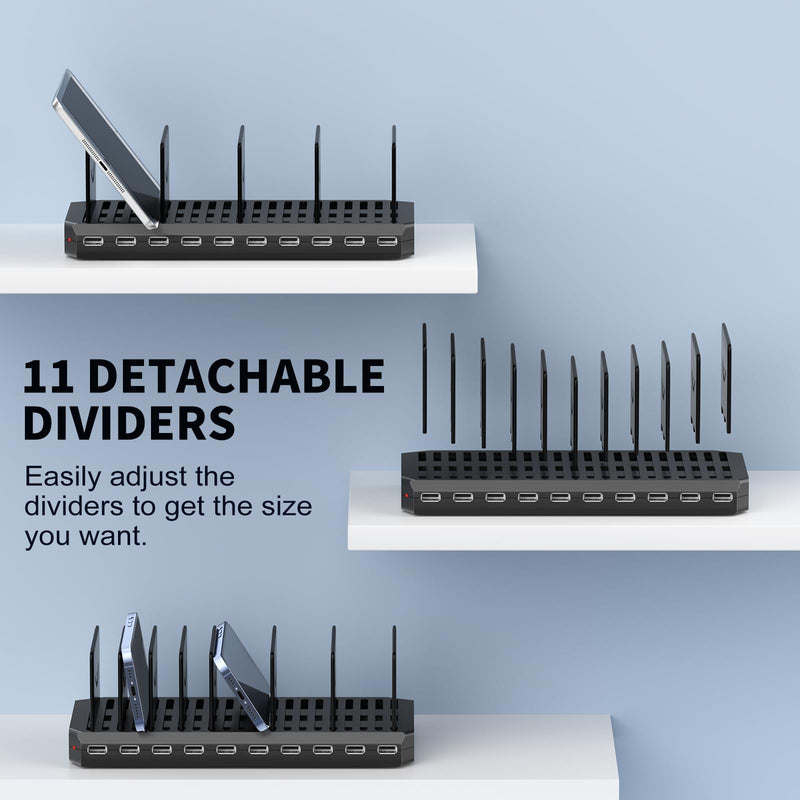 USB Charging Station for Multiple Devices, 10 Port 60W Multiple USB Charger Station with Adjustable Dividers, Fast Charging Station Hub for Hotels, Shops, Schools, Shopping Malls and Travel