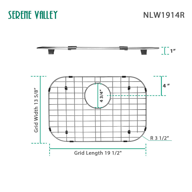 Serene Valley Sink Bottom Grid 19-1/16" x 13-5/8”, Rear Drain with Corner Radius 3-1/2", Sink Protector NLW1914R