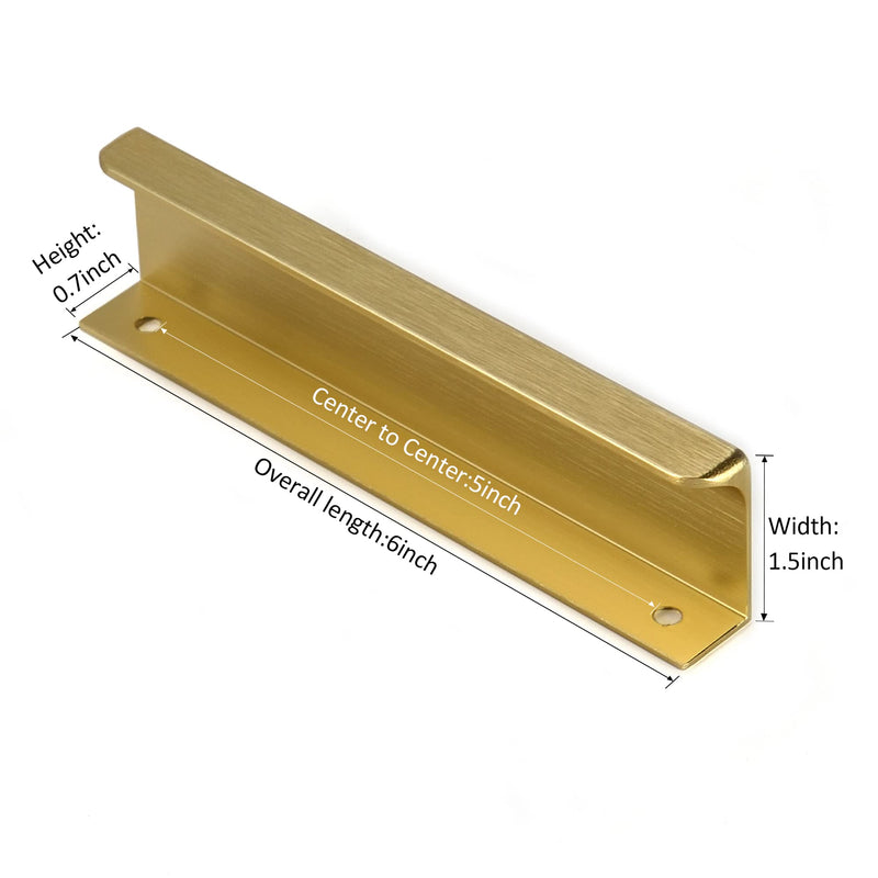 Satanga Edge Finger Tab Pull for cabinets Kitchen Concealed Drawer pulls Aluminum Hidden Back Mount Door Handle for Home Pack of 6 Modern Brushed Brass 5" Hole Center Easy Installation 5" Hole Center 6" Overall Length