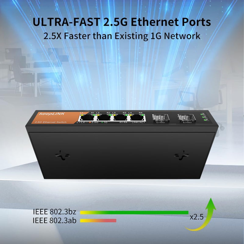 6-Port 2.5G Switch Unmanaged, 4 x 2.5GBASE-T Ports & 2 x 10GBASE-T SFP Slots, 60Gbps Switching Capacity, Plug & Play/Wall Mountable/Fanless Metal, Compatible with 1000Mbps Devices 6 Port 2.5G Switch