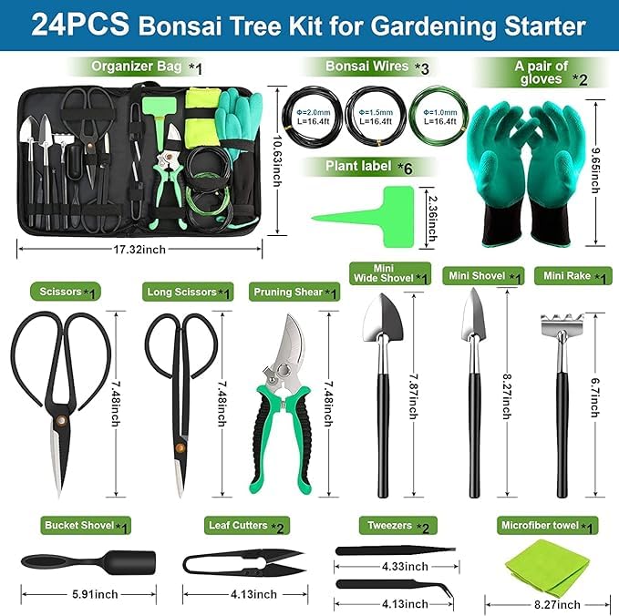 Bonsai Tools Kit 24 PCS for Beginners, Bonsai Tree Kit with PU Leather Bag, Pruning Shears, Scissors, Bonsai Wire, Succulent Repotting Tools, Gardening Gift for Women Men