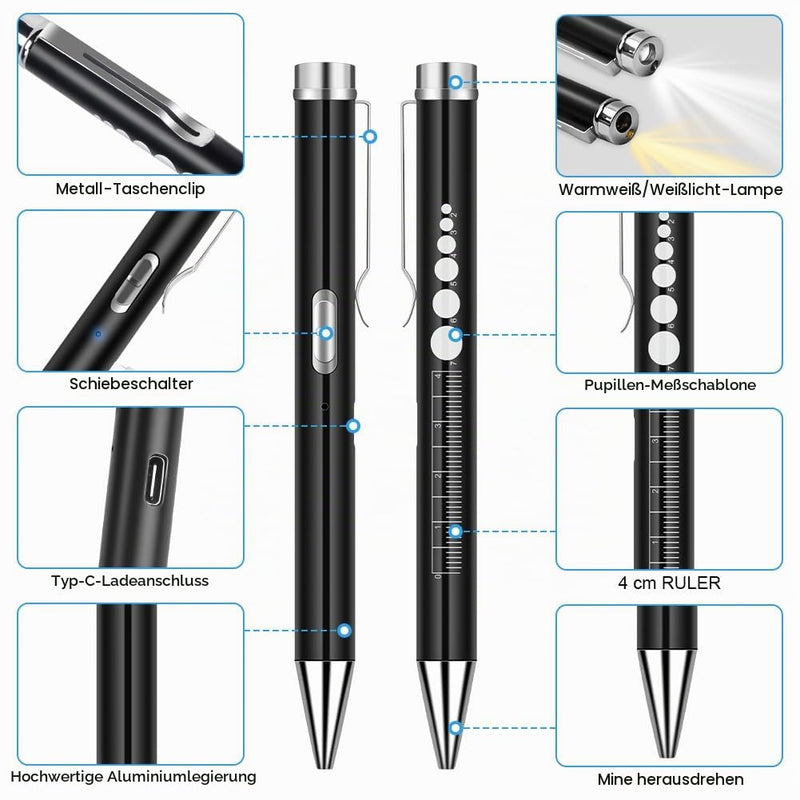 Flintronic Pupil Light Medicine, Diagnostic Light Nurse Emergency Service Accessories, with Pupil Meter & Ruler & Writeable Lead, USB LED Pen Lamp for Nurse Doctor 1 piece black
