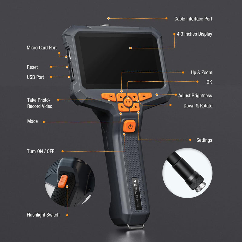 Dual Lens Endoscope Camera with Light, Teslong 4.3" HD Snake Borescope Inspection Camera, Automotive Scope Cam with Flexible Cable, Home Waterproof Fiber Optic for Sewer Drain Pipe (3.3FT) 3.3FT
