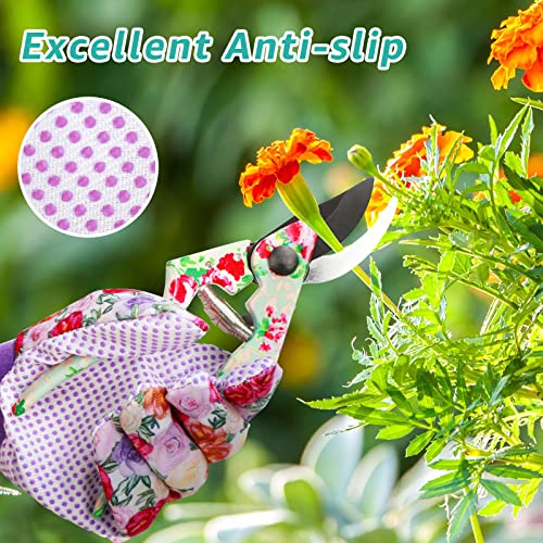 10PCS Purple Garden Tools Set & 4 Pairs Floral Garden Gloves for Women(M)