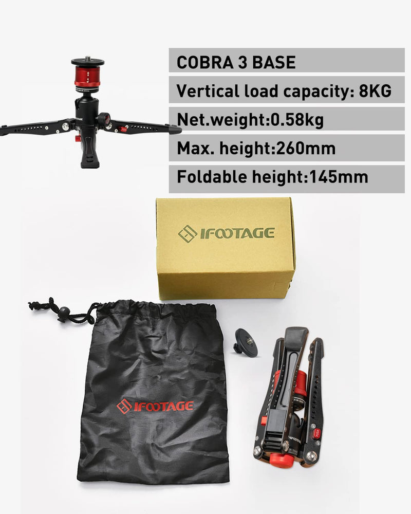 IFOOTAGE Cobra 3 Monopod Base,10" Desktop Mini Tripod,Small Camera Tripod for,Monitor,Phone Holder Clip,Mini Ball Head,LED Flash,1/4"&3/8" Automatic Switching Screw,Load up to 17.64lb/8kg Standard Base Version