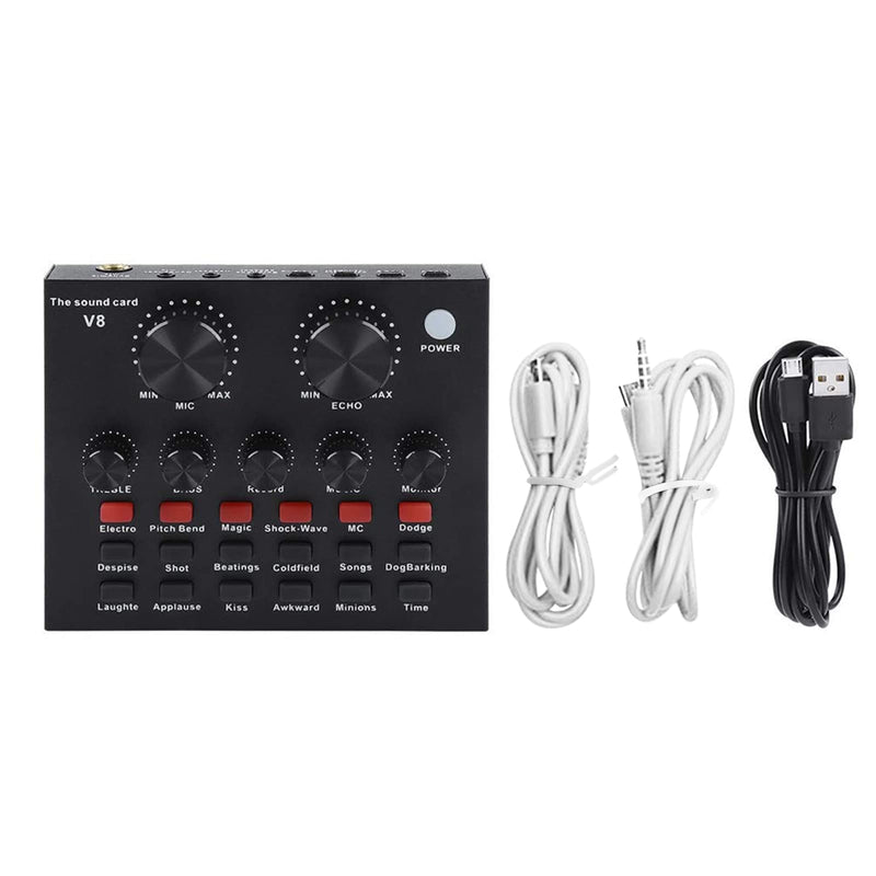 V8 Live Sound Card, Audio Mixer USB External Sound Card Headset Microphone Sound Card Live Broadcast KTV Sound Card for Double Cell Phone for Live KTV Voice Chat(Black)