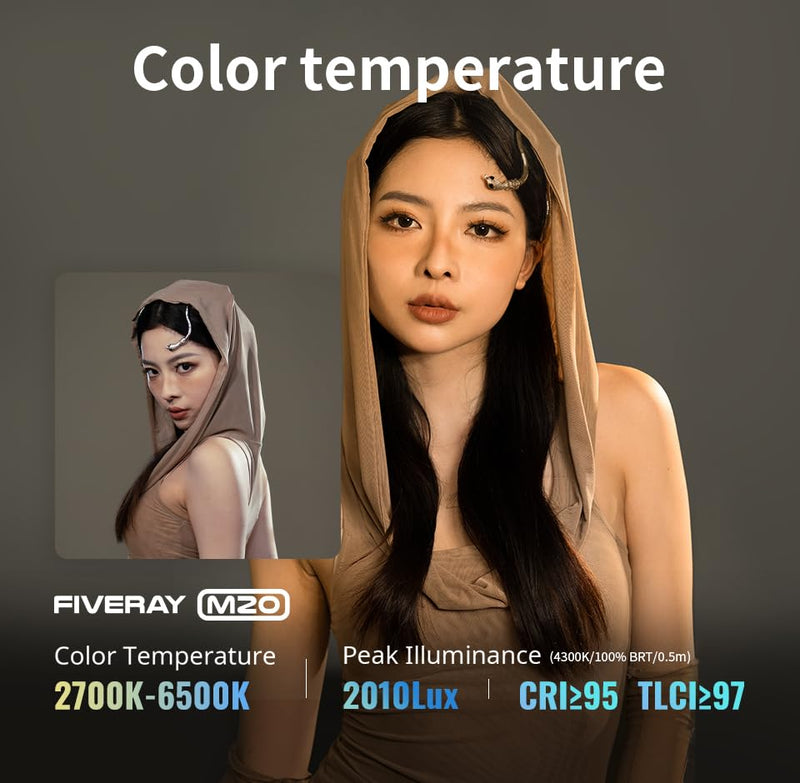 ZHIYUN FIVERAY M20 Bicolor Video Light, [Official] 20W Portable Camera Light, TLCI 97+, Temperature 2700K-6500K with 9 Light Effects, Support Magnetic Attraction and USB-C PD Bicolor Standard