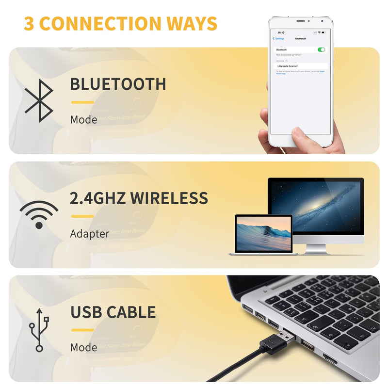 NetumScan Bluetooth QR Barcode Scanner, 3 in 1 Automatic Wireless 1D 2D Barcode Reader USB Image Code Scanner for Store, Warehouse POS, Computer, Tablet, iPad, iPhone, Android 1D & 2D Scanner Yellow