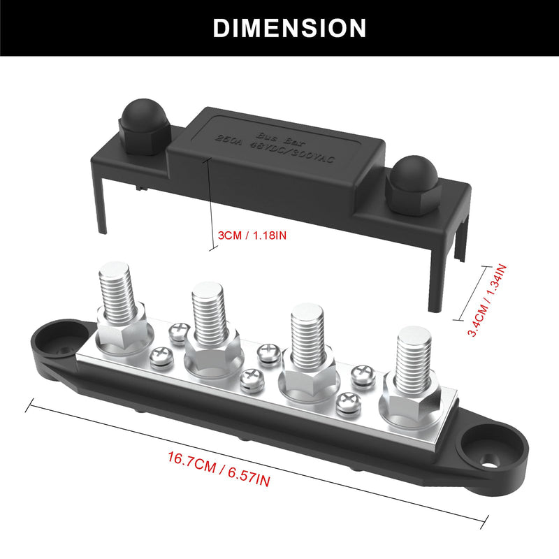 Upgraded Bus Bar 250A 12V Power Distribution Block with 3/8" (M10) 4-Posts Terminals Block with Cover for Automotive, Marine, Battery System (Black) 3/8" - Black