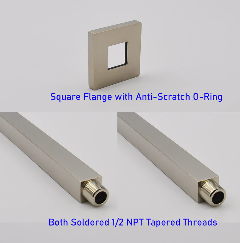 Square Shower Arm and Anti-Scratch O-Ring Flange, 6 inch, Solid Brass, Both Soldered 1/2 NPT Tapered Threads, Straight Shower Head Arm, Ceiling Mount Shower Extension Arm (PVD Brushed Nickel) Brushed Nickel PVD