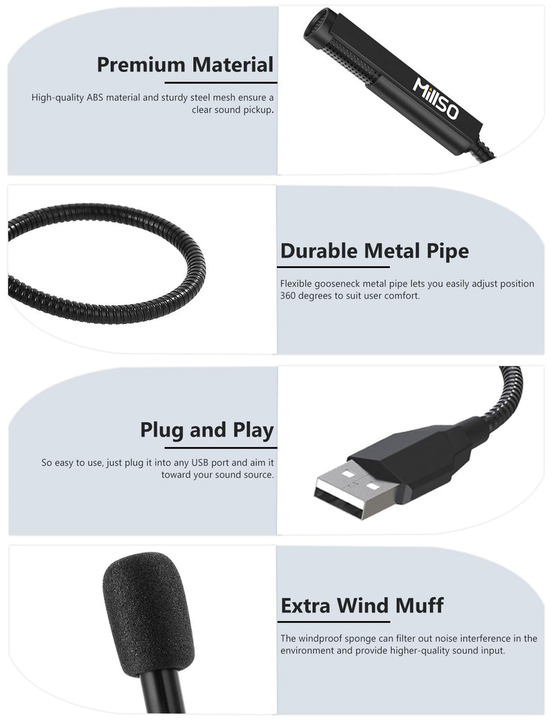MillSO USB Microphone for Laptop Gooseneck Portable Mini USB Computer Microphone Plug&Play Omnidirectional External USB PC microphone for YouTube, Streaming, Podcasting, Recording, Gaming - 1 FT