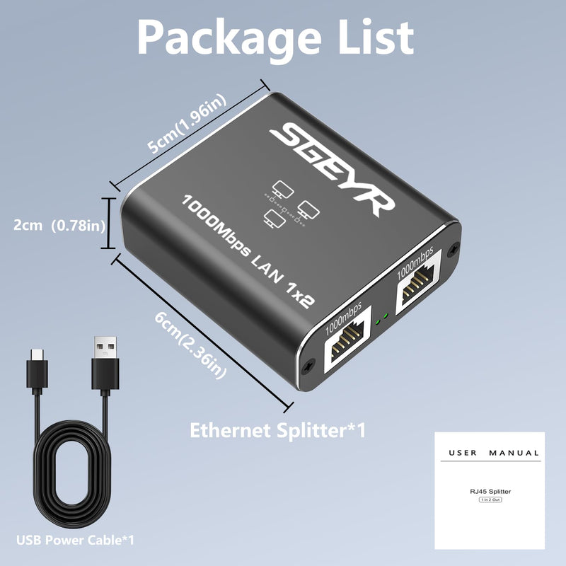 SGEYR Ethernet Splitter，RJ45 Internet Splitter 1000Mbps High-Speed Network Hub, RJ45 Adapter for Cat 5/5e/6/7/8 Cables, Connects 2 Devices Simultaneously