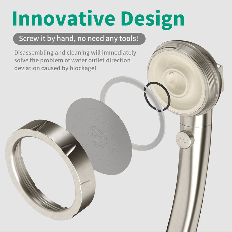 High Pressure Shower Head with Handheld, On Off Shower for RV, Water Saving Shower Head with Stop Button and 3 Modes, Detachable RV Shower Head with Hose and Bracket (Brushed Nickel) Brushed Nickel