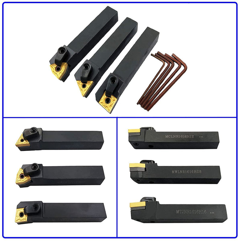 3PCS 5/8" CNC Lathe Excircle Indexable Carbide Turning Tool Holder Bit Set MTJNR1616H16 + MWLNR1616H08 + MCLNR1616H12 with 3pcs wnmg431, cnmg431, tnmg331 Indexable Carbide Inserts (Right Cutting)