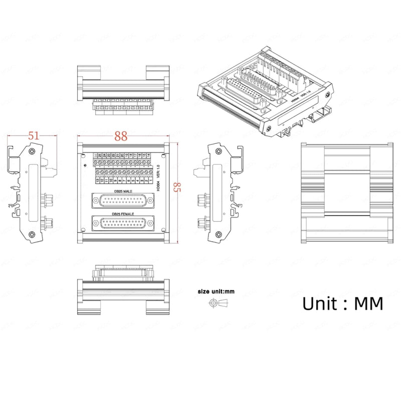 Oiyagai DB25 D-Sub Male & Female Header Breakout Board Terminal Block Connector with high quality PCB carrier, screw terminal and DIN rail mounting interface module