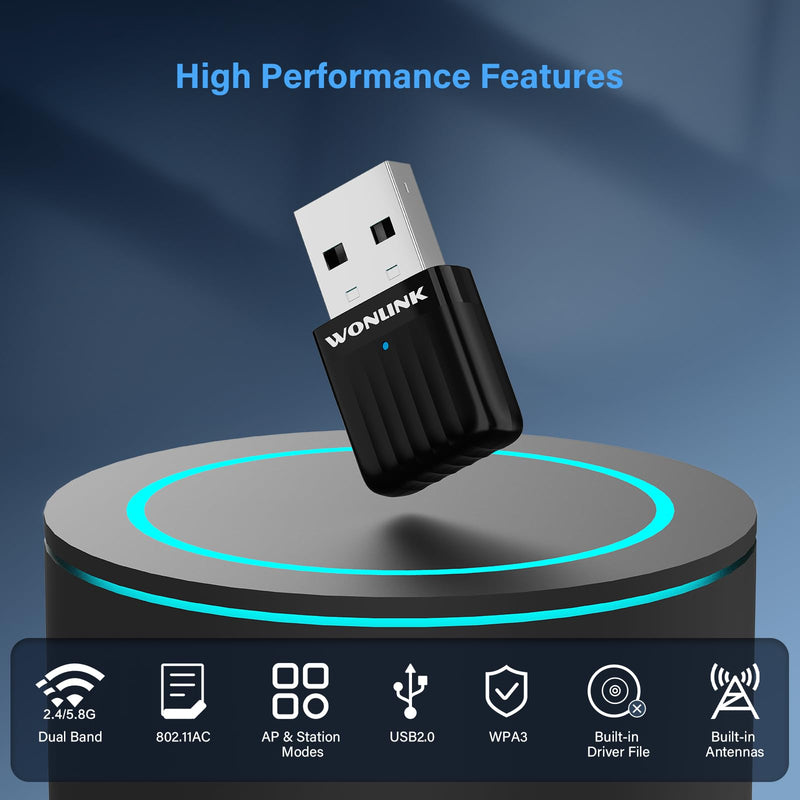 AC650 USB WiFi Adapter for PC Desktop, 2.4G/5G Dual Band Wireless Dongle, WiFi Network Adapter with Drive-Free for Windows7/10/11, AP Mode (NA1500) Black