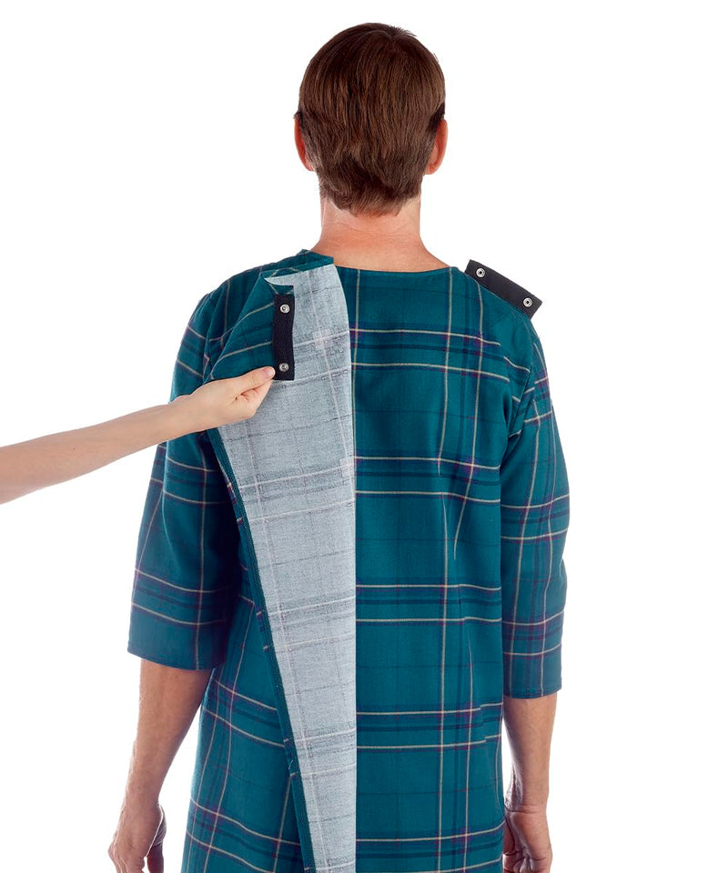 Silverts Men's Adaptive Open Back Flannel Gown, Assisted Dressing Nightgown | For elderly, nursing home & recovery wear, snap shoulders, warm cotton flannel Medium Blue Buffalo