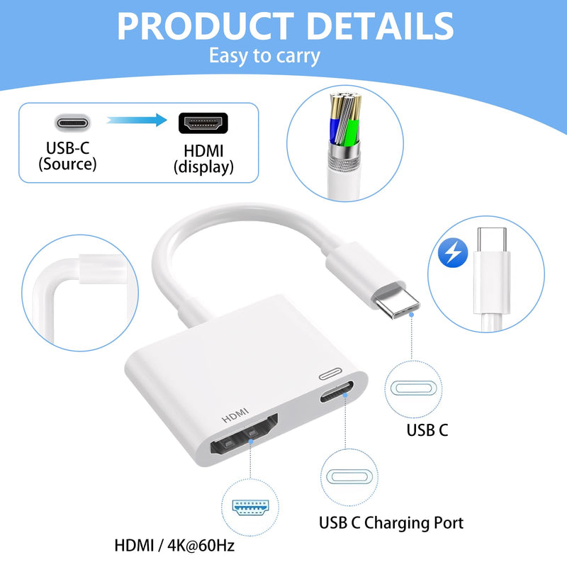 USB C to HDMI to iPhone 15 HDMI adapter to TV, 4K@60Hz USB C to HDMI Adapter with Charging Port, iPhone to HDMI to USB C Adapter Compatible for iPhone 16/15 Series/iPad Pro/Galaxy to HDTV Projector