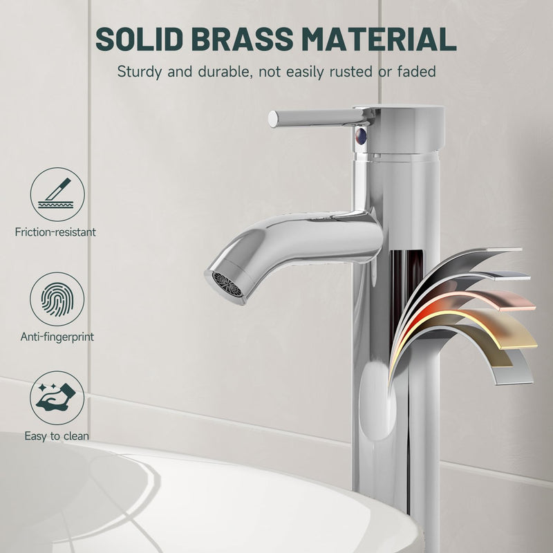 Chrome Bathroom Faucet, Greenspring Vessel Sink Faucet One Hole Single Handle Sink Faucets Modern Commercial Lavatory Vanity Bowl Faucets with Supply Line, Brass, Tall Body Chrome High-No Drain Set