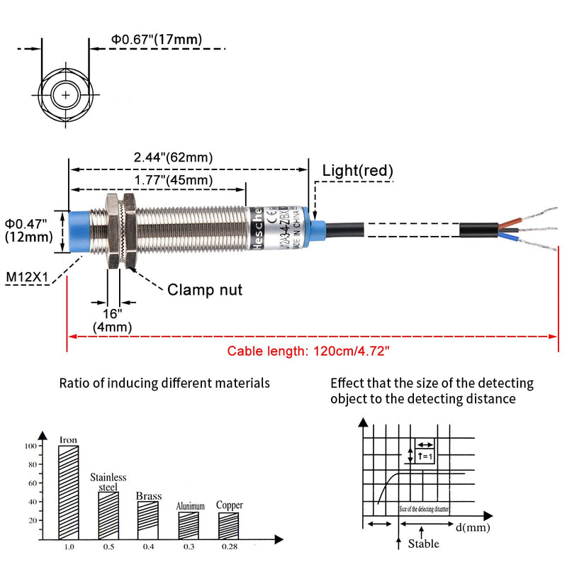 Heschen Inductive Proximity Switch, LJ12A3-4-Z/BX, Detector 4mm, 10-30VDC 200mA, NPN, Normally Open (NO), 3 Wires (1) 1