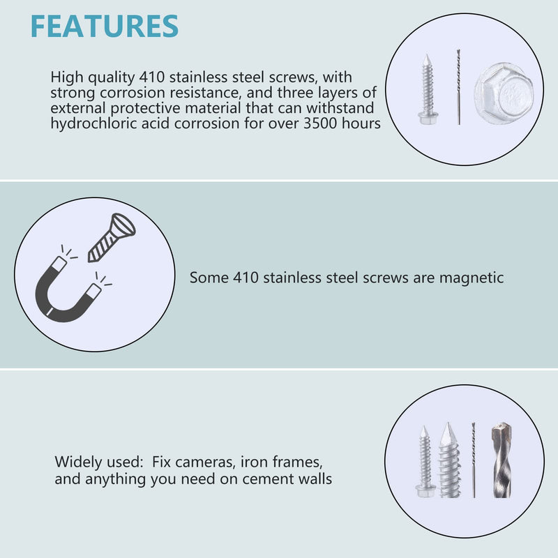 3/16 x 1-1/4" 410 Stainless Steel Hex Head Tapcon Concrete Screw Anchor, for Anchoring to Masonry, Block or Brick (100Pcs) 3/16 x 1-1/4"
