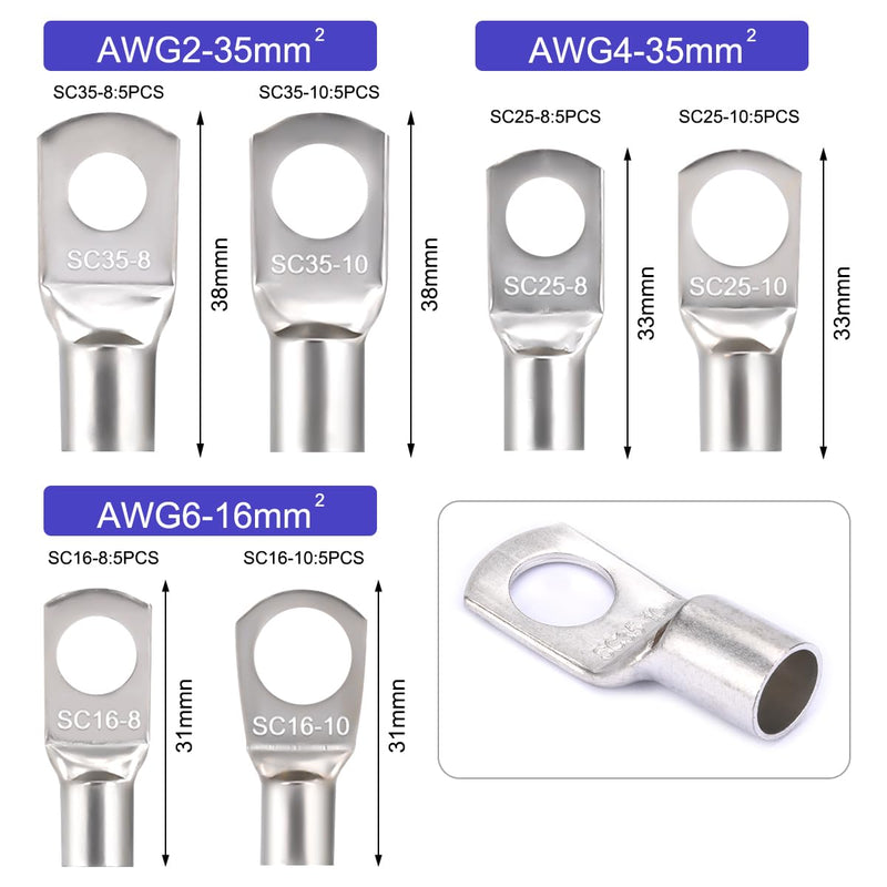 30 pieces cable lugs ring cable lugs M8 M10 tubular cable lugs set 16mm² 25mm² 35mm² M8 M10 copper terminals cable eyelets crimp connectors for vehicles, cars, motorcycles, boats, 30 pieces 16 mm², 25 mm², 35 mm²