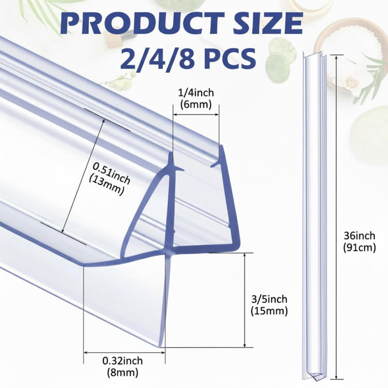 Frienda 4 Pcs Shower Door Bottom Seal 1/4" x 36'' Clear PVC Glass Door Sweep Shower Frameless Seal Strip for Replacement Stopping Leaks and Creating Water Barrier 1/4 Inch