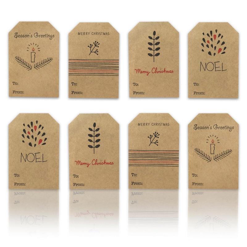Boho Simple Christmas Gift Tag Adhesive Stickers – 2 x 3 Inch Labels, Roll of 100 with Minimalist Designs – Merry Christmas, Noel, and Candle, Made in the USA