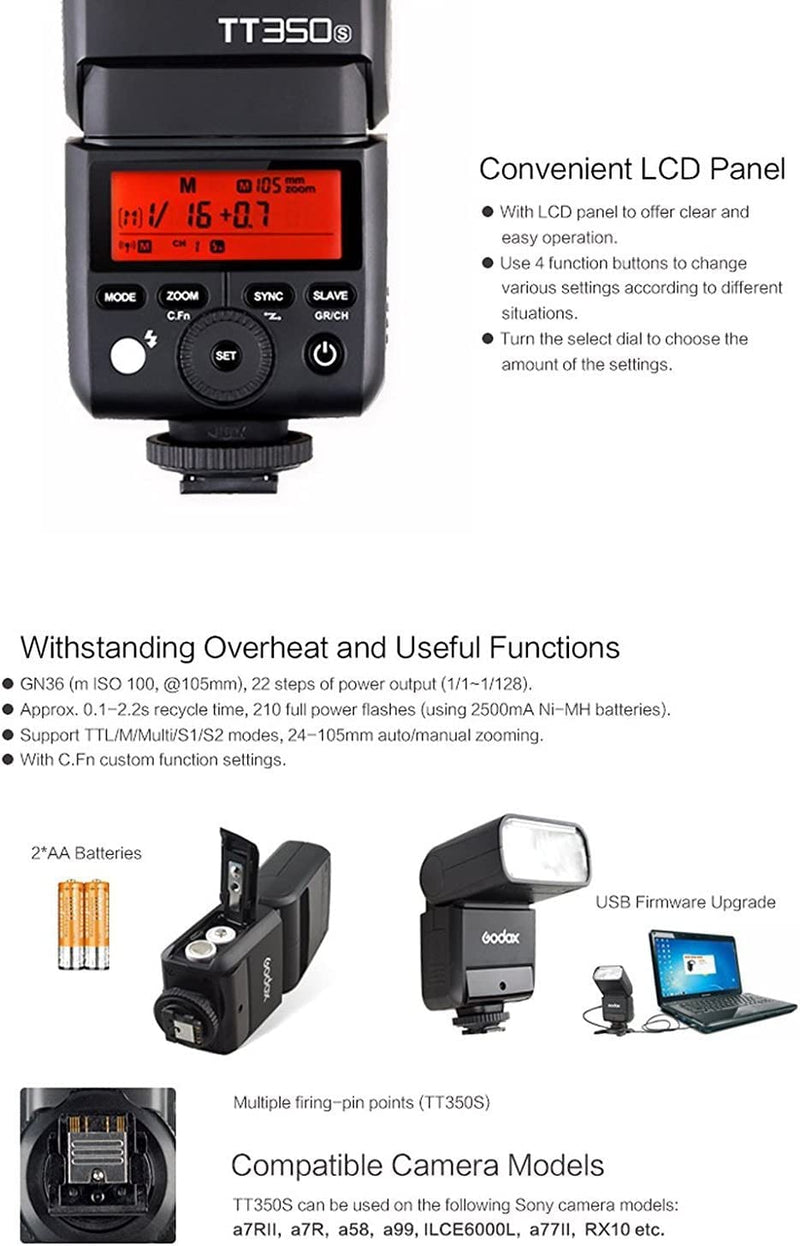 Godox Thinklite TTL TT350S Mini Camera Flash High Speed 1/8000s GN36 for Sony Mirrorless DSLR Camera A77II A6000 A6500 RX10 Series
