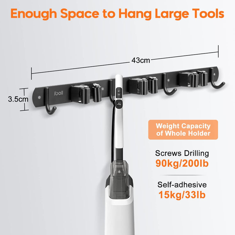 Broom holder wall, IBELL device holder wall mount stainless steel with 3 holders and 4 hooks, garden tool holder, broom holder, mop holder, self-adhesive tool holder, wall hook without drilling for garden, garage, 1 piece, 3 holders, 4 hooks (43 cm)