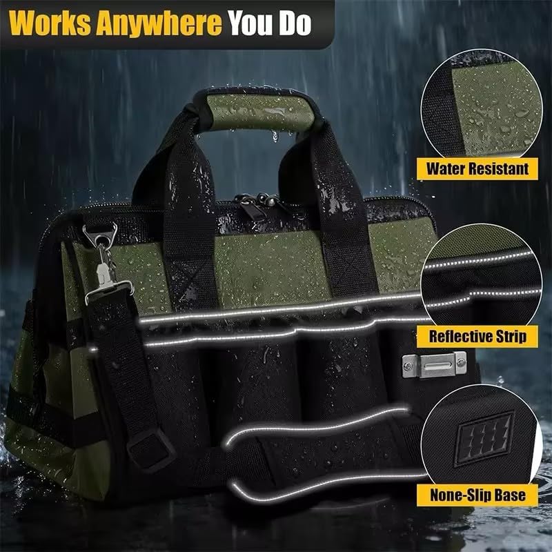 16 Inch-Wide Mouth Tool Bag, Waterproof Tool Organizer Bag, Heavy Duty Tool Bag for Tool Storage, Carrier and Organizer, Adjustable Shoulder Strap, Inside Pockets (Olive Green) Olive Green 16 IN