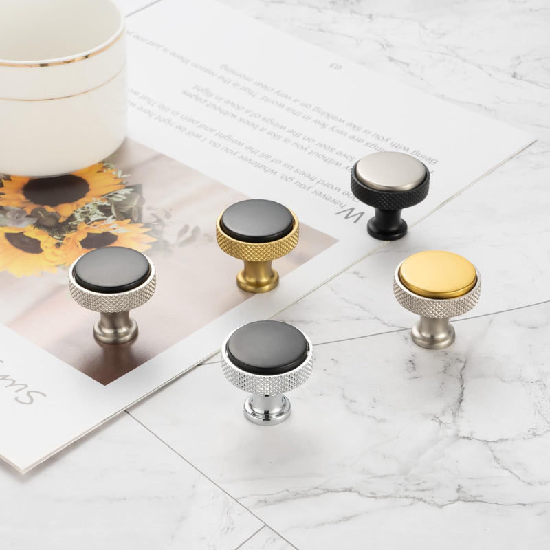 KOOFIZO 10 Pack Gold and Nickel Kitchen Cabinet Knobs Brushed Gold and Silver Drawer Knobs K28 Knurled Round Single Hole Cabinet Pulls for Cabinets Drawers Dresser Cupboard Bedroom Bathroom Brushed Gold + Brushed Nickel Knob