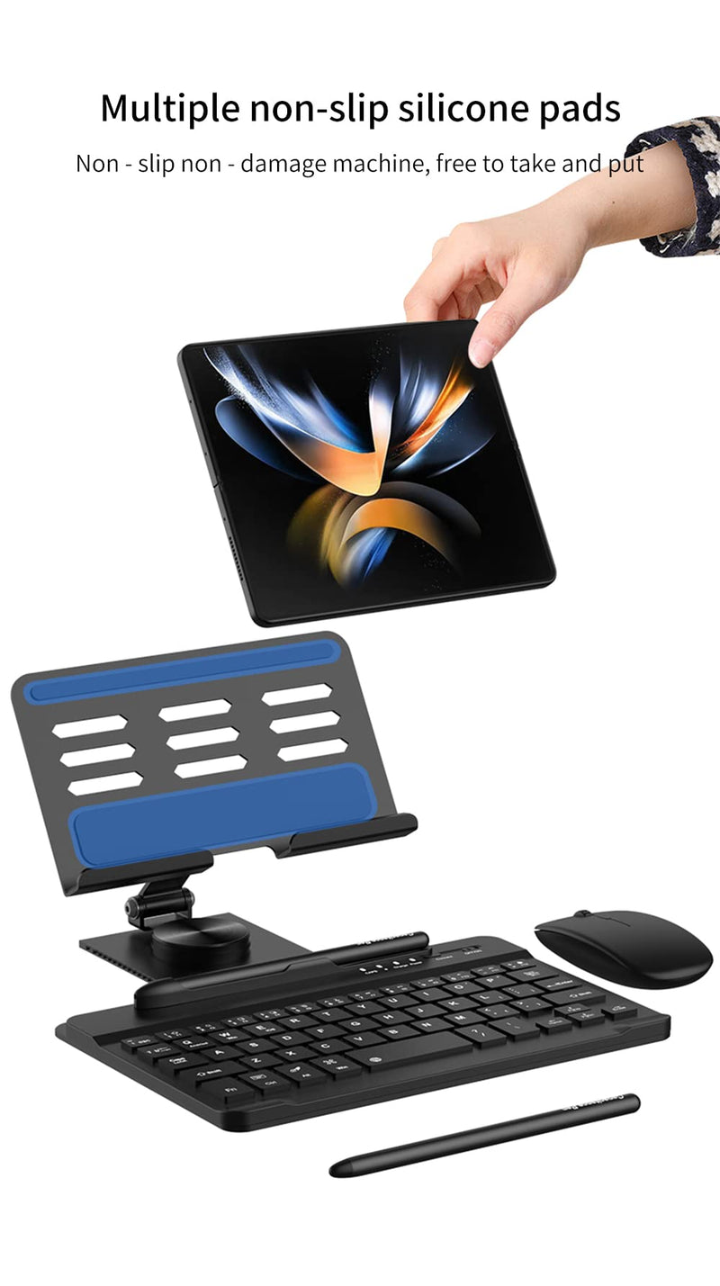 SHIEID Galaxy Z Fold 7 360° Rotating POS Tablet Stand, Zip Pull-Out, Integrated Folding Design Set with Folding Bracket, Keyboard, Mouse, Capacitor Pen–Compatible with Galaxy Z Fold7//6/5/4/3, Black Stand Bluetooth Keyboard Black-4-Piece Set