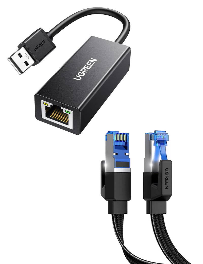 UGREEN USB to Ethernet Adapter 100 Mbps Bundle with Cat 8 Ethernet Cable 3FT Flat High Speed 40Gbps 2000Mhz Internet Cable