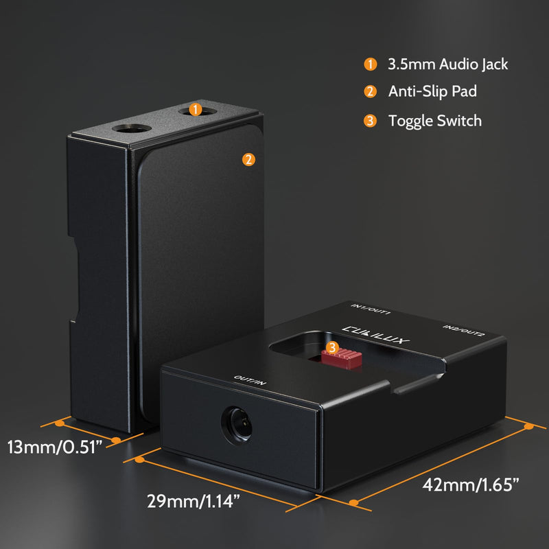Cubilux 3.5mm Audio Selector, Bidirectional 2-In-1-Out or 1-In-2-Out 1/8-in TRS Headphone Switcher, Ultra-Compact Aluminum Case Passive Toggle A/B AUX Switch Box for PC