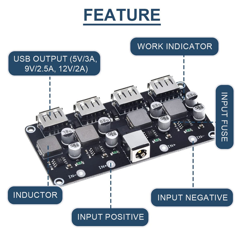 DAOKAI 6-32V 9V 12V 24V to 5V Fast Charging Module 4 Port USB QC3.0 QC2.0 DC-DC Buck Converter Step-Down Fast Charging Board with USB Cable, 24AWG Wire 4-Port USB