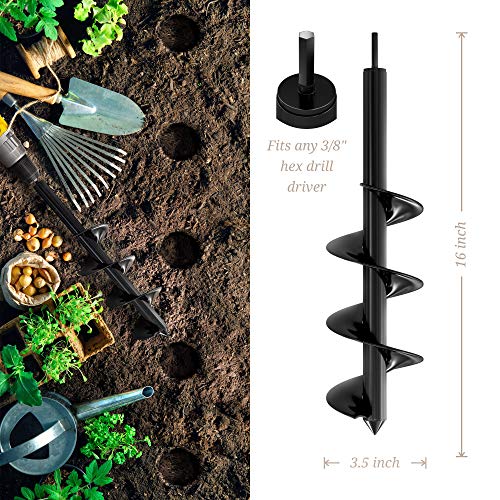 K-Brands Auger Drill Bit for Planting Bundle – 1.6 x 16 Inch & 3.5 x 16 & 2 x 32 Inch Set - Garden Spiral Hole Drill and Bulb Planter Tool - Bedding Plants, Umbrella Holes - 3/8 Inch Hex Drive Drill