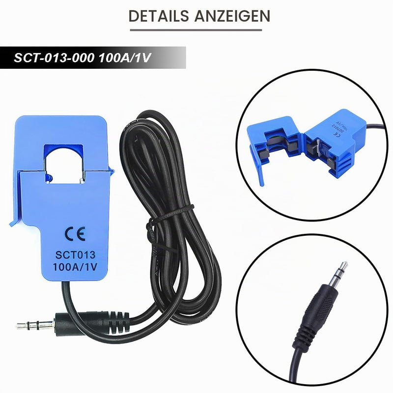 SCT-013-000 Non-invasive Sensor Split Core Current Transformer 100A/1V AC Current Sensor + ADC Module with Audio Socket Cable Male and Female for Arduino
