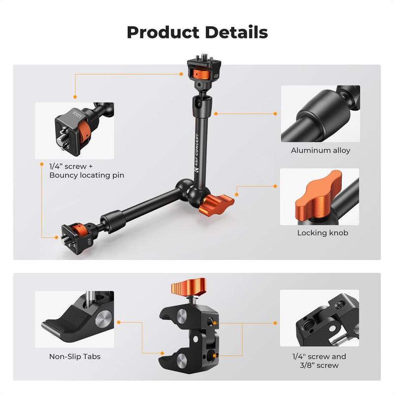 K&F Concept 11" Magic Arm Clamp Kit with 1/4" & 3/8" Thread Screw, Articulating Friction Arm Clamp Camera Mount for Monitor, LED Light, Webcam, Action Camera 11" with Clamp