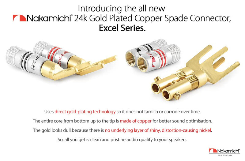 Nakamichi Excel Series 24k Gold Plated Spade Y Banana Plug 12-18 AWG Gauge Size 4mm for Speakers Amplifier Hi-Fi AV Stereo Home Theatre Audio Wire Cable Screw Connector, 10 Pcs (5-Pairs) 10 Pcs (5-Pairs)