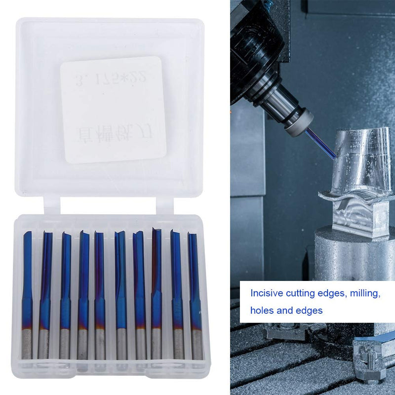 10Pcs 3.175mm CNC Router Carbide 2-Flute Straight Nano Blue Coating End Mill, Handle Milling Tool for Processing Wood