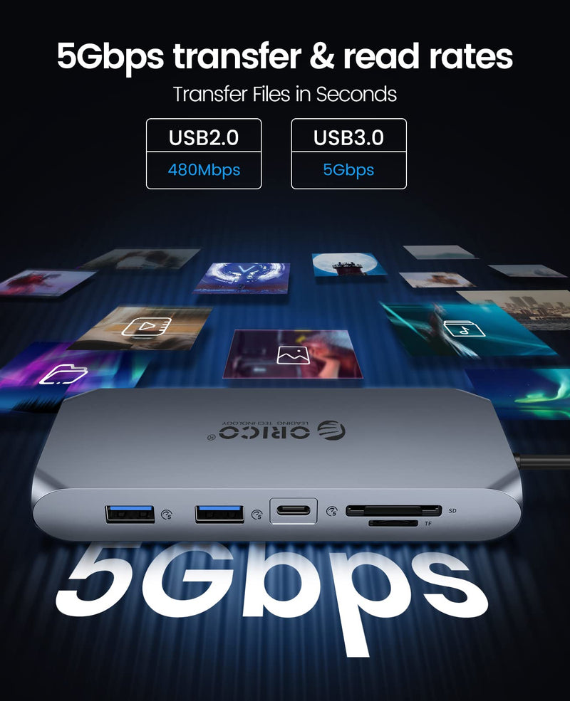 Docking Station USB C to Dual HDMI Adapter, ORICO 12 in 1 USB C Hub with Dual HDMI, VGA, 100W PD, Ethernet, 2 USB-A 3.1, 1 USB 2.0, 1 Type-C 3.1, SD/TF, Audio, Compatible for Windows/Mac OS（Rose Gold） X11 Rose Gold