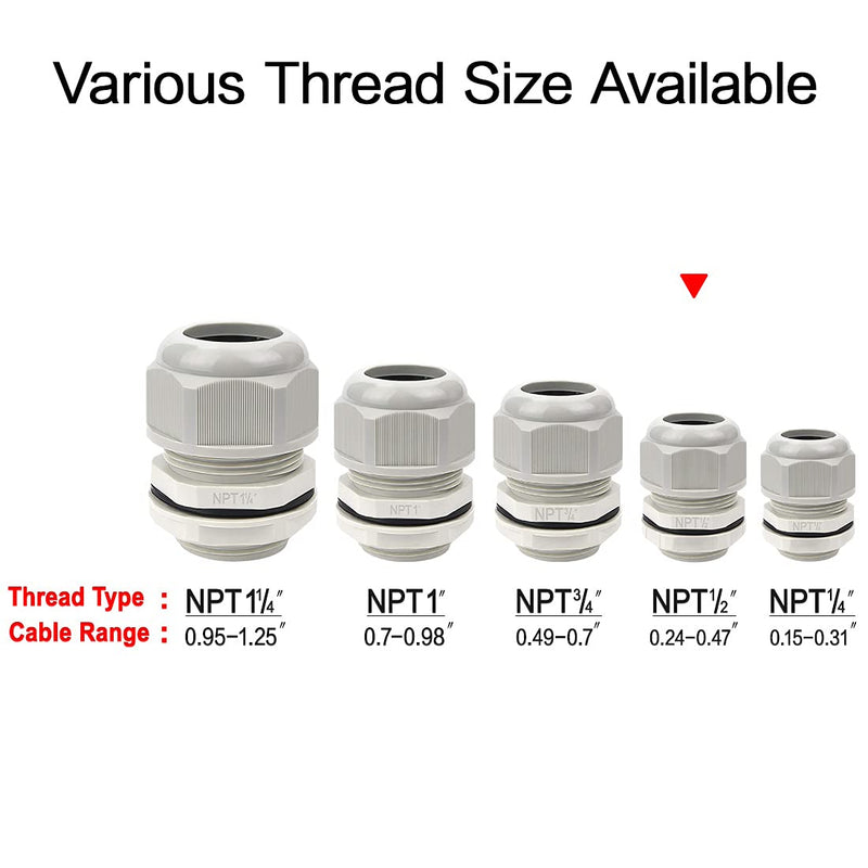 LeMotech 50 Pack NPT 1/2" Cable Glands Waterproof Adjustable 6-12mm Cable Connectors Grey Nylon Joints with Gaskets 1/2inch 50-pack Gray