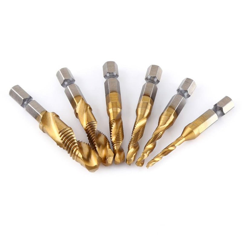 Drill Tap Set 6 Pieces Titanium Coated HSS Drill Bit M3-M10 1/4 Inch Hex Shank for Lathe Machine Tap Cutting